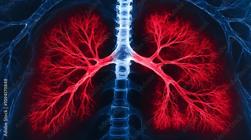 Poster digital x ray scan image showcasing the intricate structure and detail of the human lungs in vivid r
