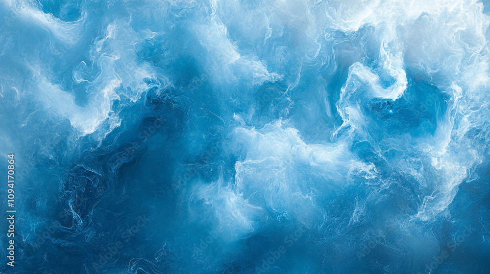 Poster swirls of blue and white create an abstract oceanic pattern in a digital artwork