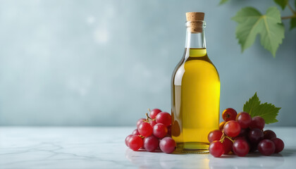 Obraz premium Fresh olive oil and grapes kitchen counter food photography bright indoor space close-up perspective healthy lifestyle inspiration