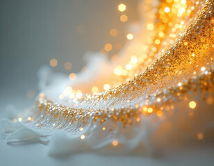 Sparkling golden fabric drapery with soft lights indoor setting decorative textiles cozy atmosphere artistic viewpoint