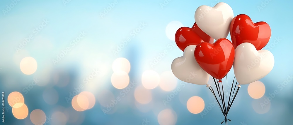 Poster red and white heart shaped balloons floating in the sky on a blurry background creating a romantic c
