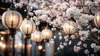Watercolor Background with Pink and White Lanterns and Cherry Blossoms. Perfect for: Mid-Autumn Festival, Spring Festival