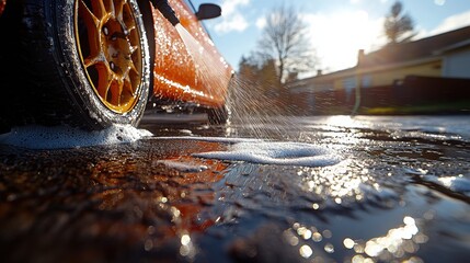 Close-Up View of a Sport Car Wheel Splashing Water and Soap in a Sunlit Driveway During a Fresh Car...