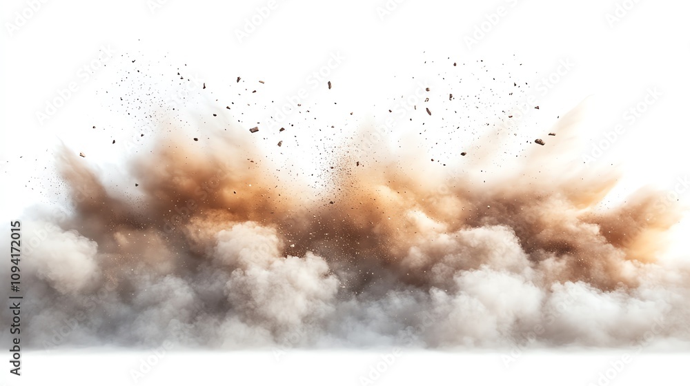 Poster a large cloud of dust and debris explodes outwards from a central point.