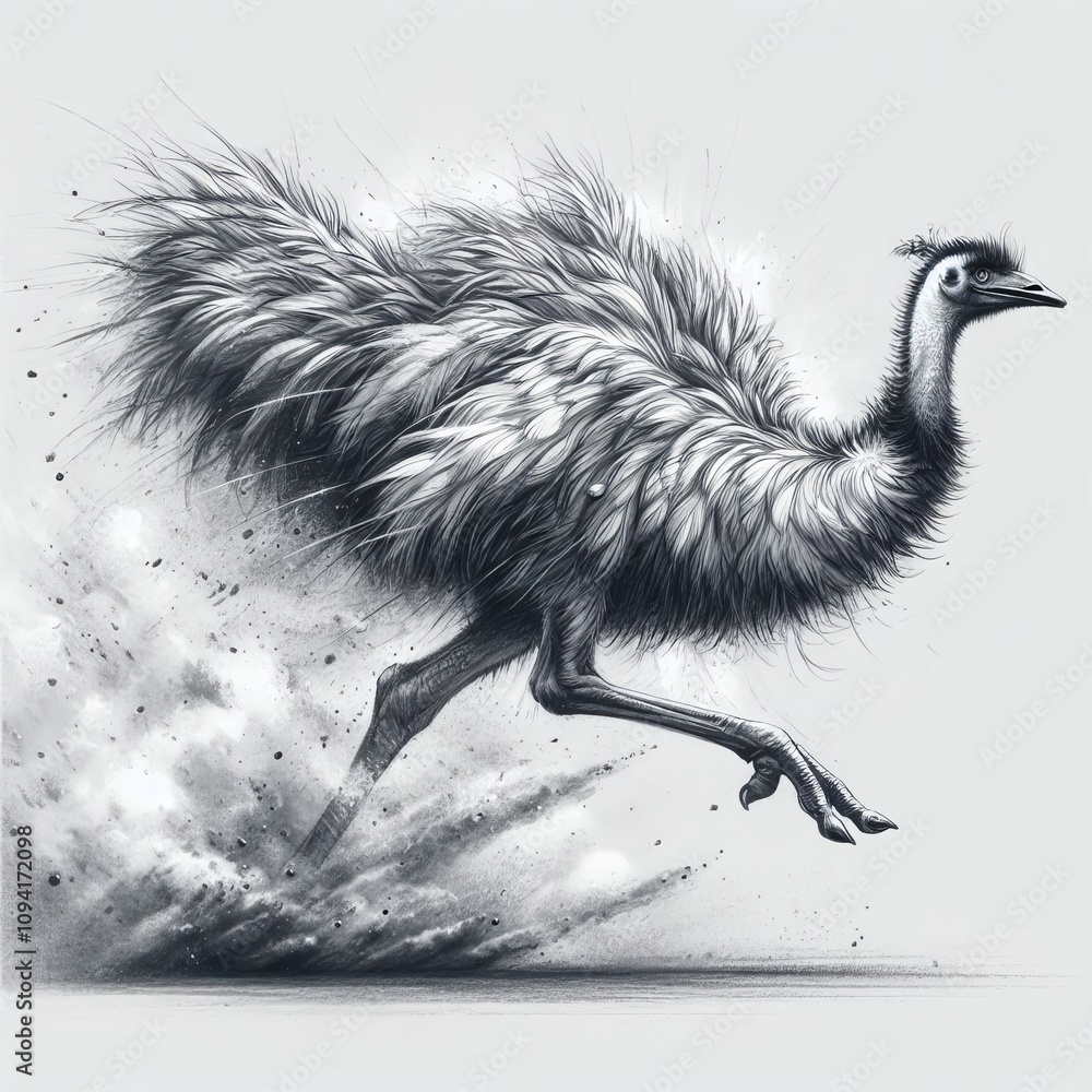 Poster emu's sprint an emu running with feathers bursting into gray and