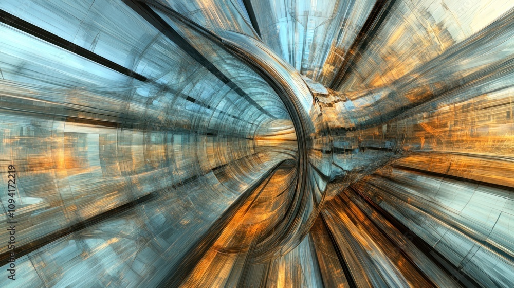 Aufkleber a dynamic, abstract representation of motion and space with metallic and warm tones.