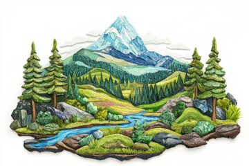 Obraz premium A vibrant landscape made by stones featuring mountains, trees, and a flowing river.