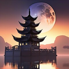 Magnificent silhouette of a traditional pagoda set against a breathtaking sunset, accompanied by a large, luminous moon that casts a serene reflection on the calm water, evoking a sense of peace and m