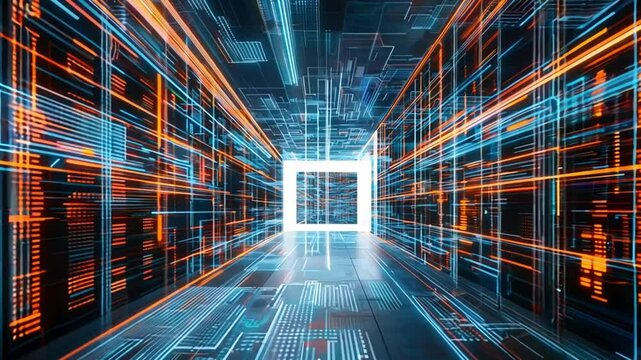 Abstract Digital Corridor with Glowing Lights and Data Patterns