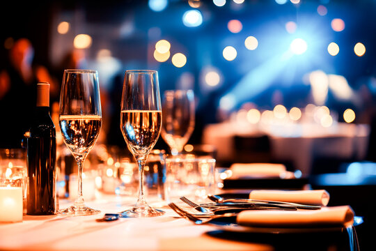 Glamorous Gala Dinner: Sparkling champagne flutes take center stage at an elegant dinner event, bathed in the warm glow of candlelight and the vibrant ambiance of a celebratory gathering.  