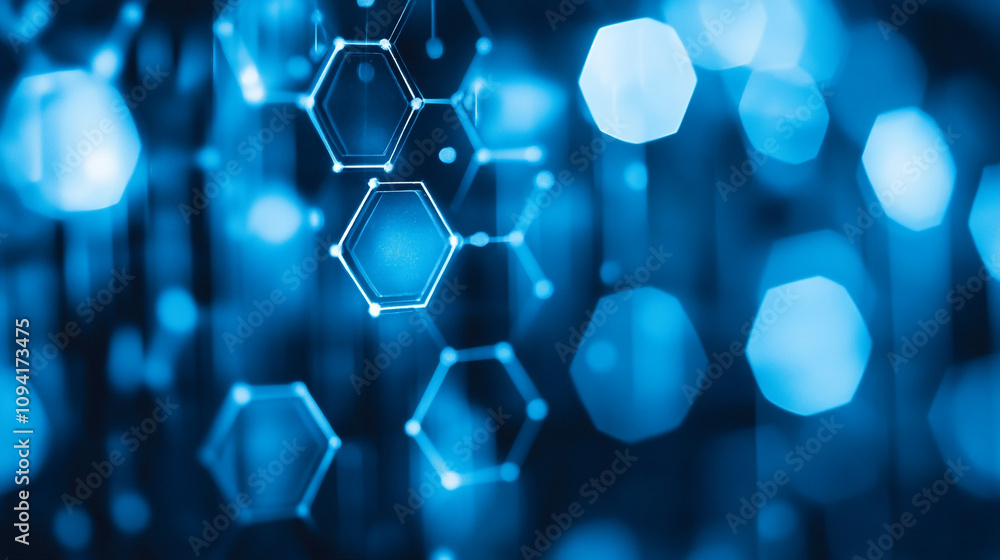 Poster abstract blue hexagonal shapes represent technology and innovation in a digital environment