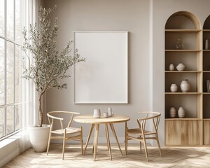 Modern Minimalist Living Room with Empty Frame and Olive Tree in Scandinavian Style