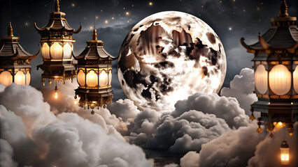 Glowing Full Moon with Soft Clouds and Golden Lanterns. Perfect for: Mid-Autumn Festival, Lantern Festival