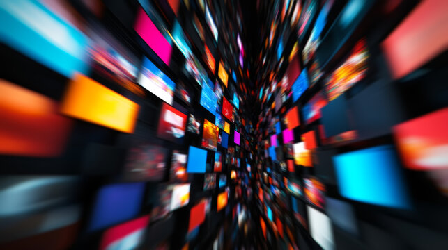 Colorful screens fill the view, presenting a mix of vibrant media content. The arrangement creates a sense of depth, emphasizing a modern digital experience.