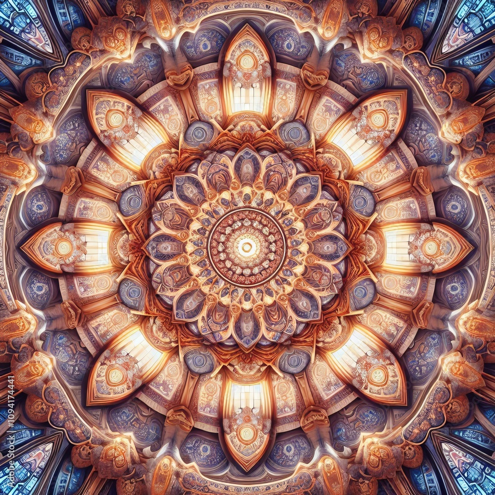 Poster kaleidoscopic patterns radiating from temples in circular waves