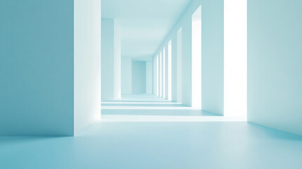 Bright blue hallway with white pillars creates a serene atmosphere for relaxation