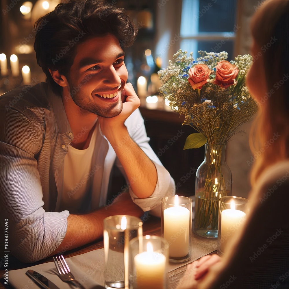 Poster Man on a date with a romantic expression as if getting to know s
