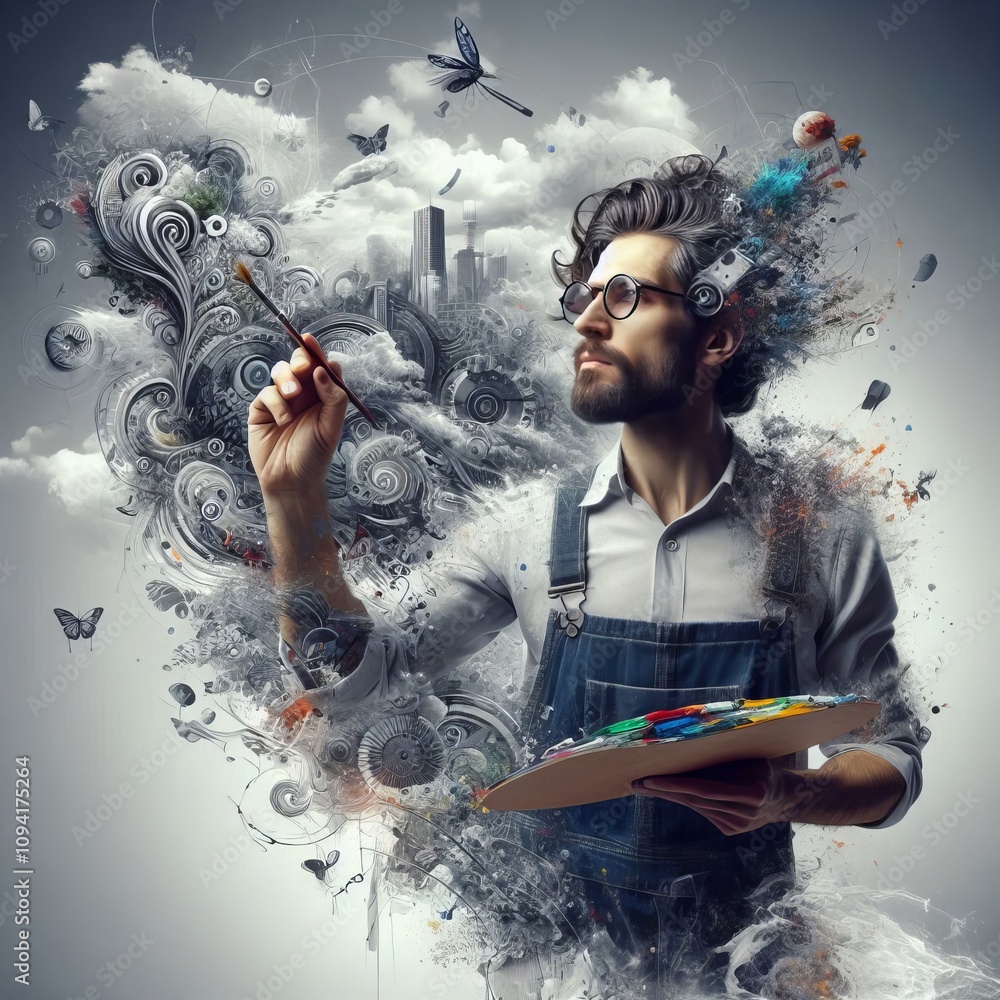 Poster man painting with a creative expression as if bringing art to li