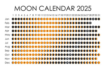 2025 Moon calendar. Astrological calendar design. planner. Place for stickers. Month cycle planner mockup. Isolated black and white background.