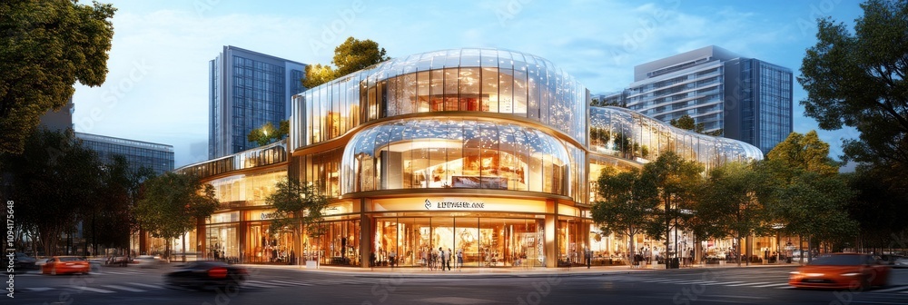 Poster modern architectural design featuring a multi-level retail space with greenery and urban setting.