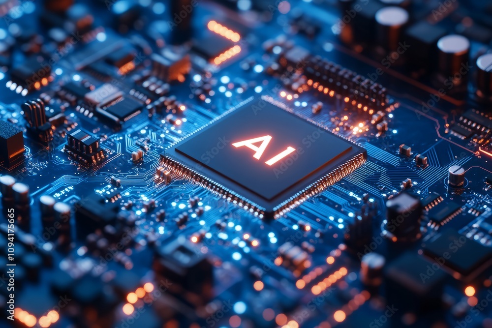 Poster 3d illustration of the chip with text ai, with a blue color scheme. the background features light gr