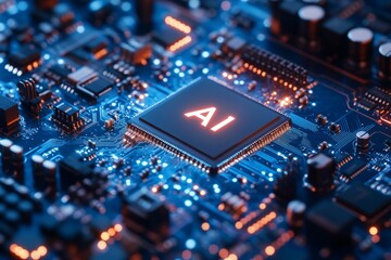 Fototapeta premium 3D illustration of the chip with text AI, with a blue color scheme. The background features light gray and white waves with tech elements