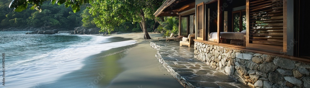 Poster serene beachfront view with a modern wooden structure and gentle waves lapping at the shore.