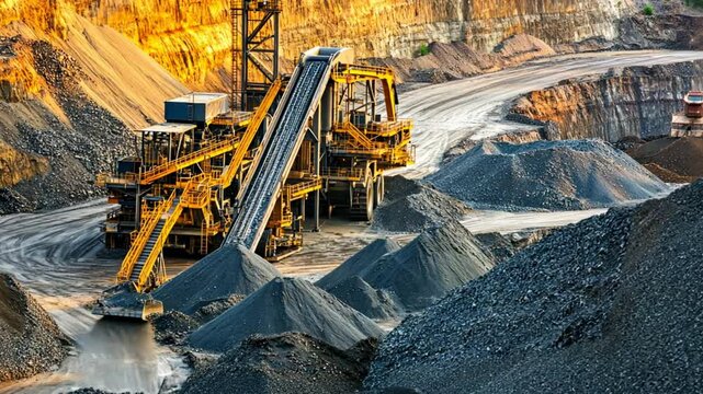 Industrial mineral resources being processed, showcasing machinery and large deposits.