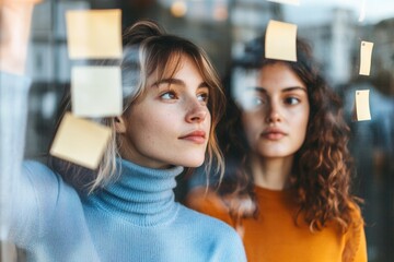 Businesswomen Collaborating on Ideas with Sticky Notes in Modern Office Environment