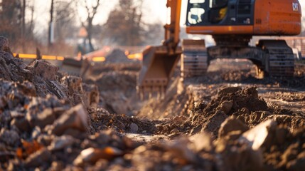 Fototapeta premium The construction team carefully excavates the land taking care not to disturb any mature trees or natural features as they prepare to build a new residential community.