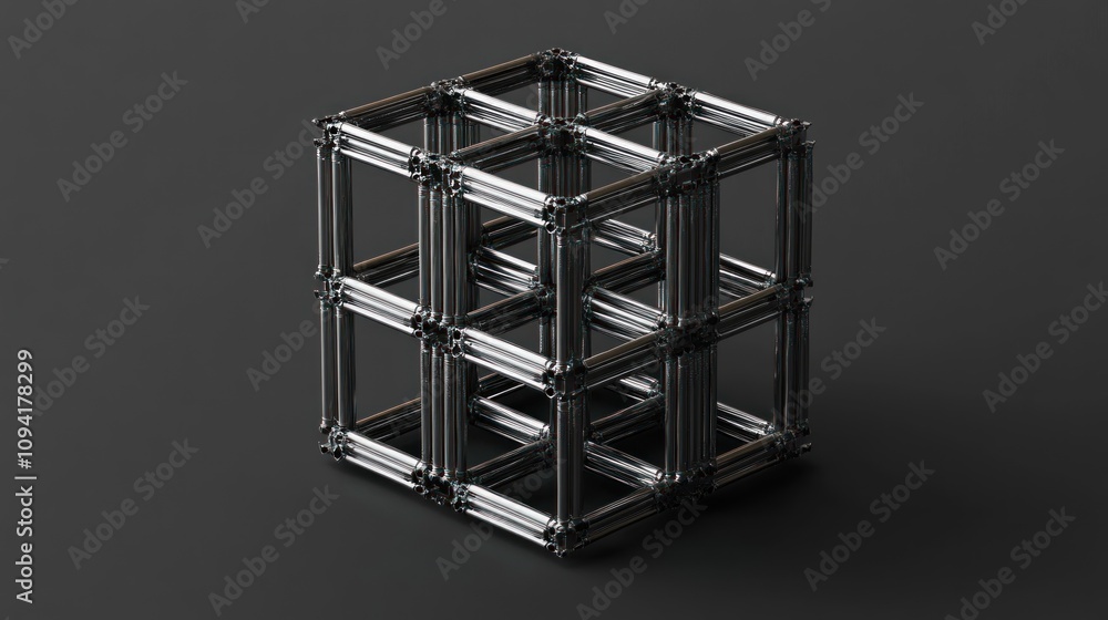 Poster 3d render of a metallic cube structure with interconnected bars on a dark background.