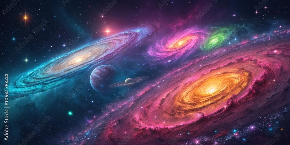 Poster cosmic journey a vibrant cosmic scene filled with swirling galaxies painted in loud neon colors laye
