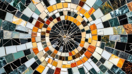 A mosaic of differently colored and shaped tiles converging into a central point, representing the unique contributions of individuals forming a cohesive whole, minimalist composition