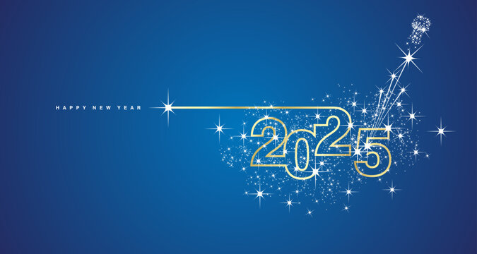 New Year 2025 line design sparkler firework champagne shining golden white blue vector greeting card