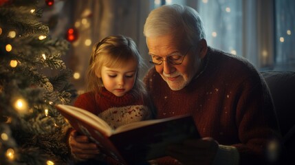 A heartwarming moment of grandparents reading a Christmas story to their grandchildren by the tree, with soft, warm lighting
