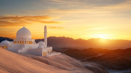 Obraz premium A beautiful white mosque sits on a hilltop overlooking a desert landscape at sunset.