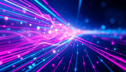 Naklejka premium Abstract digital background with glowing lines and particles in blue and pink.