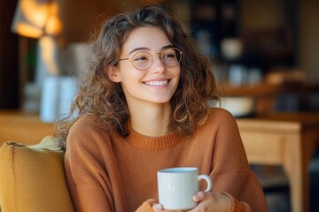 Young woman relaxing and smiling while drinking coffee in cozy indoor setting