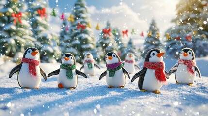 Group of playful penguins wearing colorful Christmas scarves walking across a snowy
