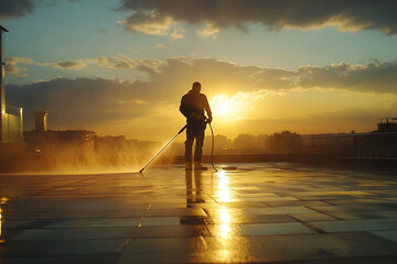 a person stands in an open area and washes it with a high-pressure device. The sun is low on the horizon, creating a spectacular sunset light,