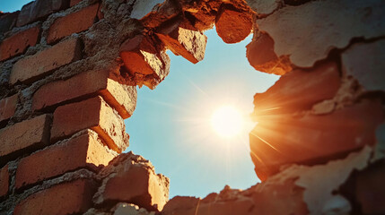 a brick wall with a large hole in the center. Through this hole, you can see the bright blue sky and the sun, which shines directly into the camera, creating an effect of radiance. The bricks around t