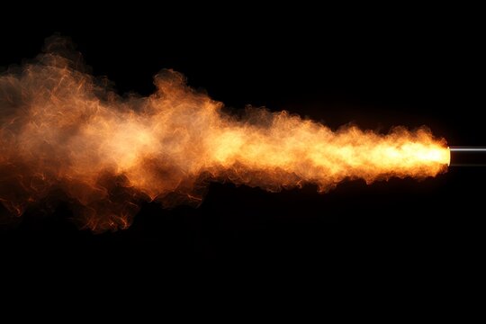 A long trail of smoke and fire emerges from the end of a pipe on a black background.