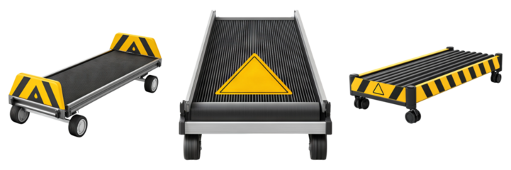 Conveyor belt at the airport and luggage tracking concept. Three safety barriers with warning signs and reflective surfaces.
