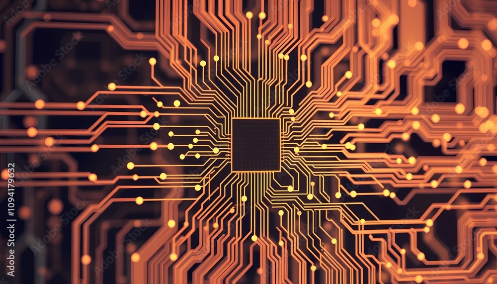 Poster abstract illustration of a circuit board with glowing orange lines and a central processor.