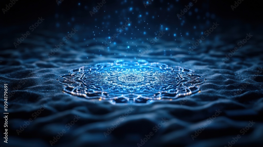 Poster a glowing blue mandala pattern on a dark sandy surface with sparkling particles floating above it.