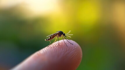 Obraz premium A close-up of a mosquito perched on a human fingertip, highlighting its intricate details.