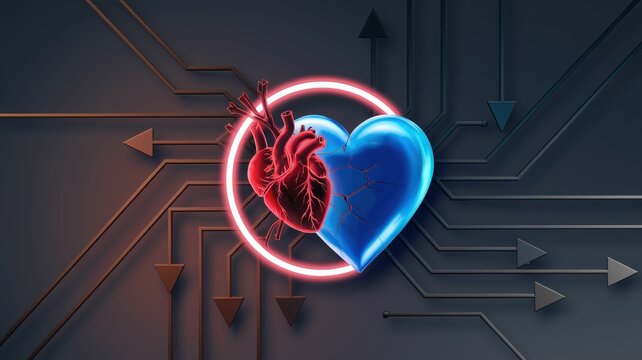 A vibrant graphic featuring a red heart intertwined with a blue heart, set against a dark, tech-inspired background with dynamic lines.