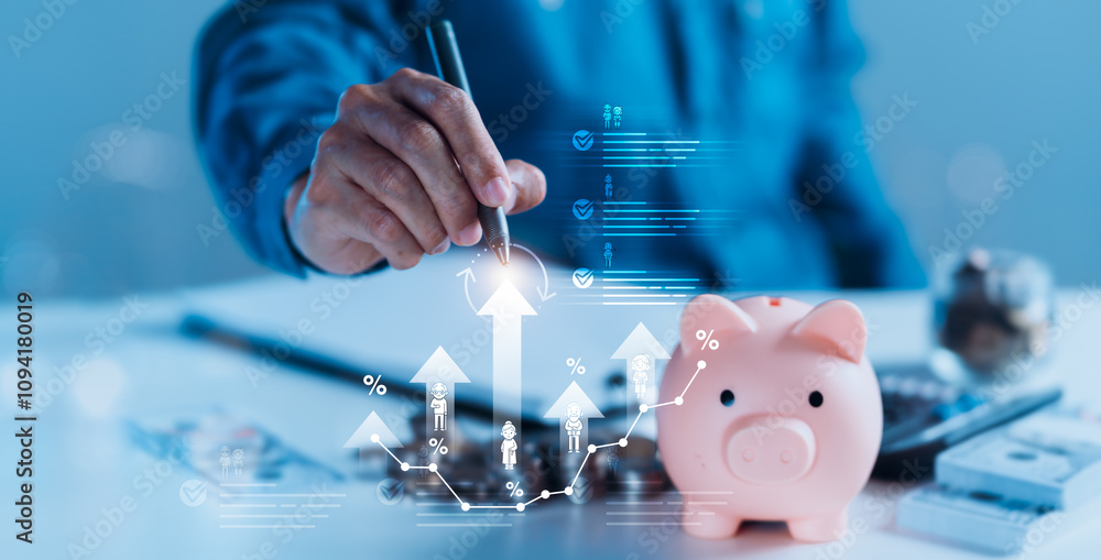 Poster saving money: a person writes with a piggy bank and calculator on a white table