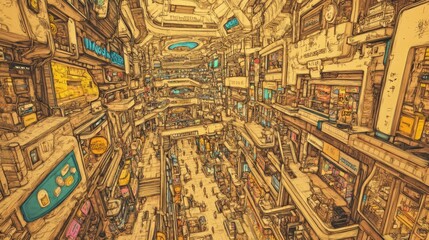 Obraz premium A bustling futuristic marketplace filled with shops and people amidst a complex structure.