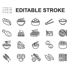 Collection of japanese food icons. Thin line vector, containing icons such as sushi, takoyaki and many more.